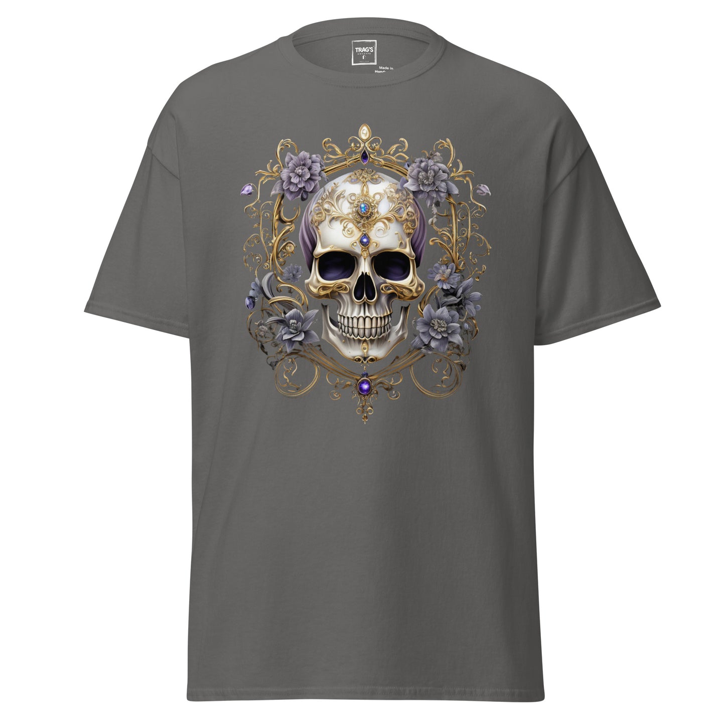 Gothic T-Shirt mit Motiv Totenkopf, goldene Ornamente und Edelsteine – Classic Standard