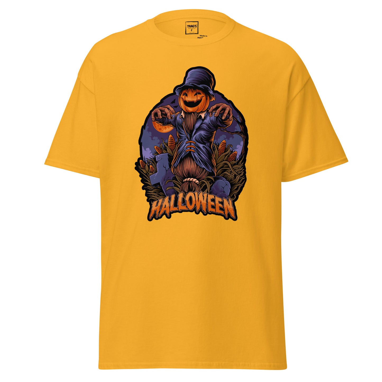Halloween T-Shirt mit Motiv Kürbiskopf-Scarecrow und Aufschrift Halloween – Classic Standard
