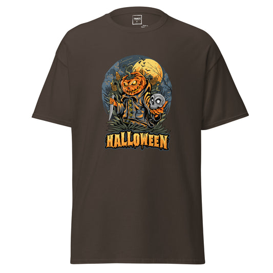Halloween T-Shirt mit Motiv Kürbiskopf, Messer und Schädel – Classic Standard