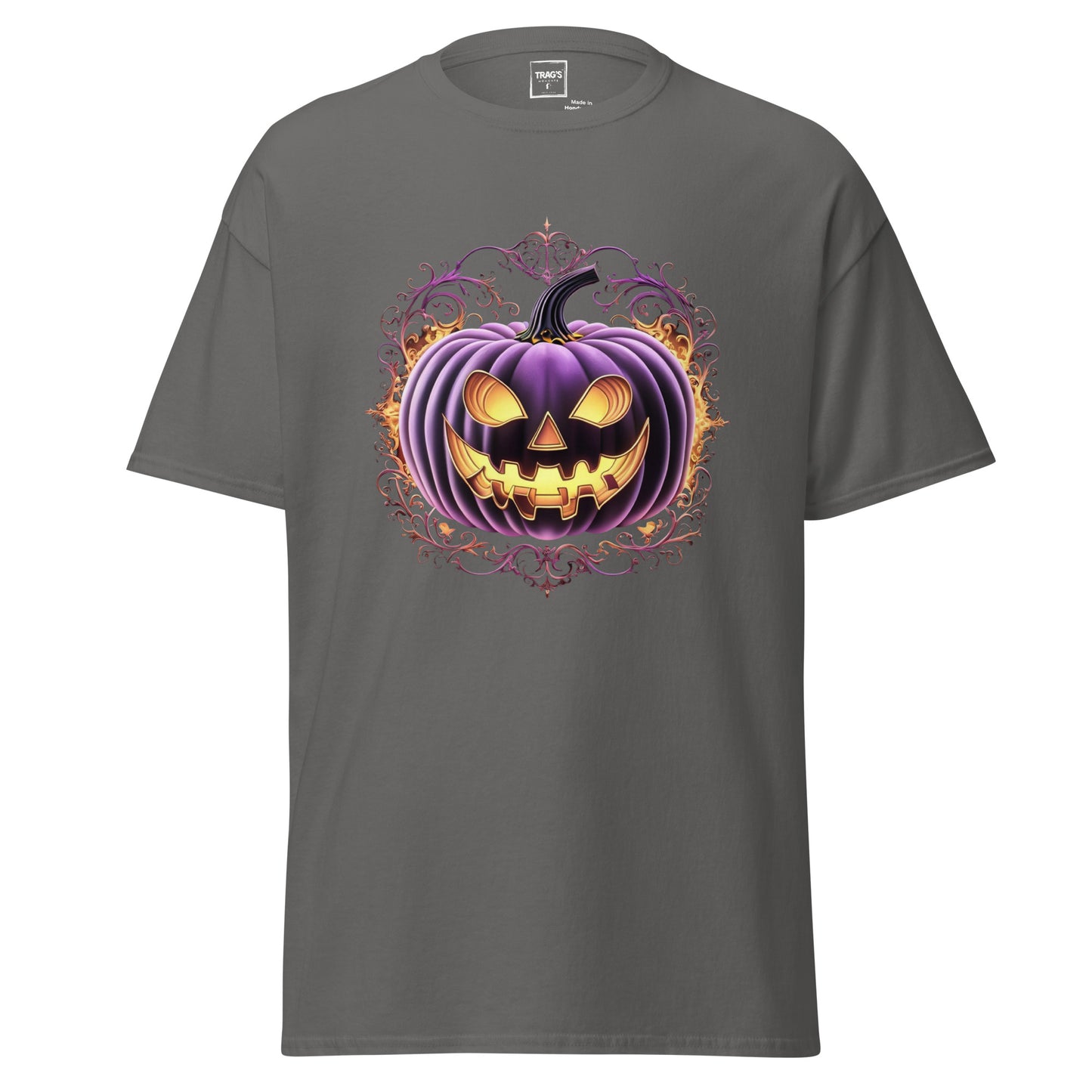 Halloween T-Shirt mit Motiv lila Kürbis mit Grinsen – Classic Standard
