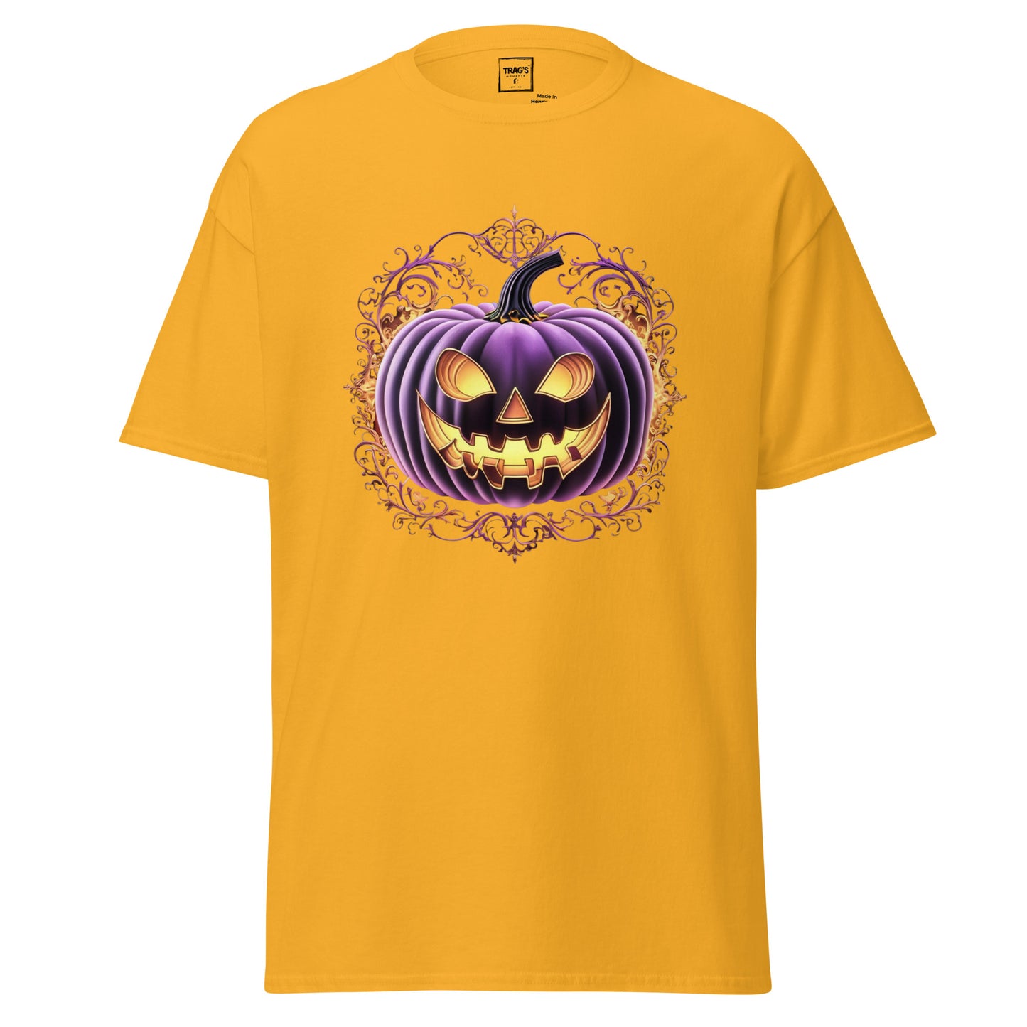 Halloween T-Shirt mit Motiv lila Kürbis mit Grinsen – Classic Standard