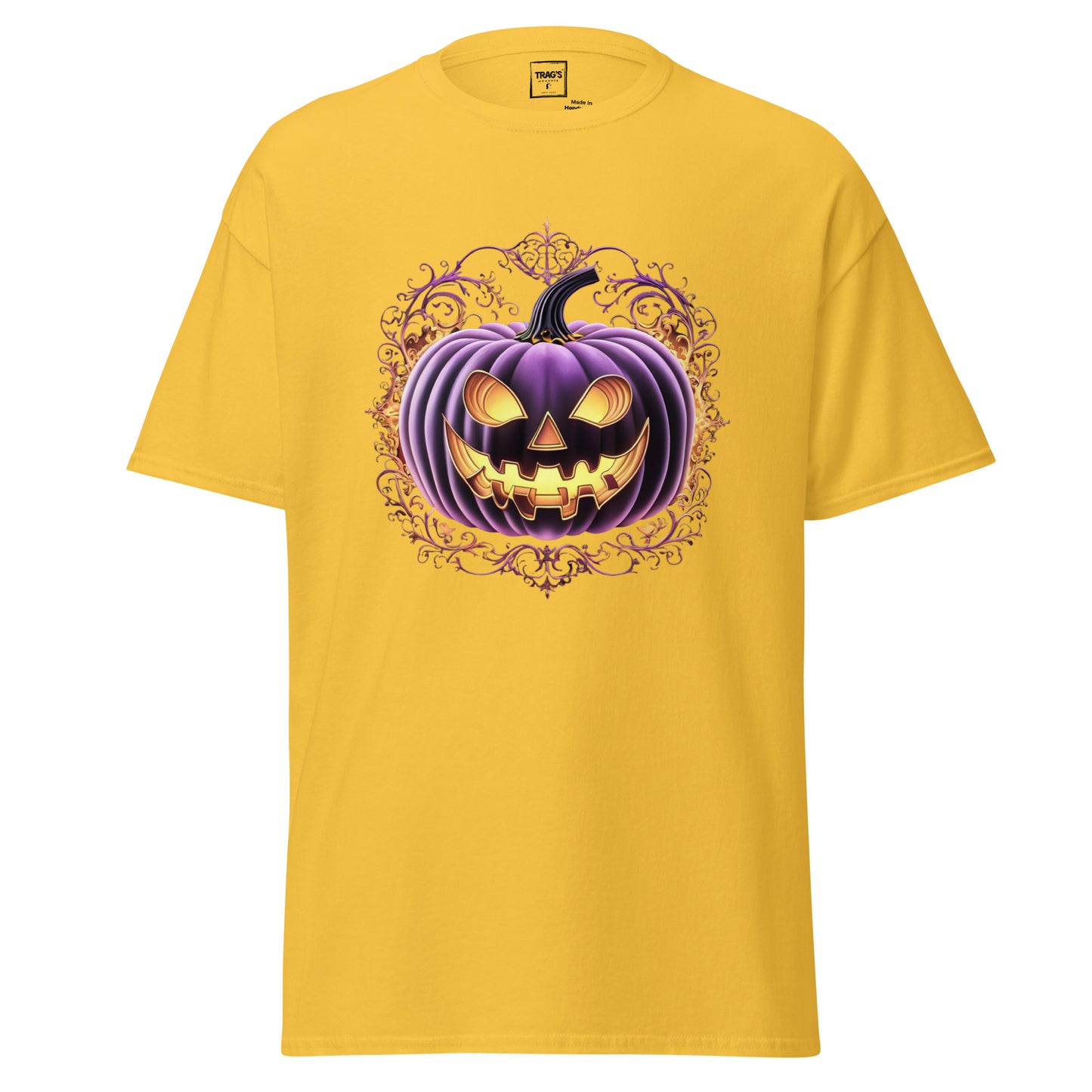 Halloween T-Shirt mit Motiv lila Kürbis mit Grinsen – Classic Standard