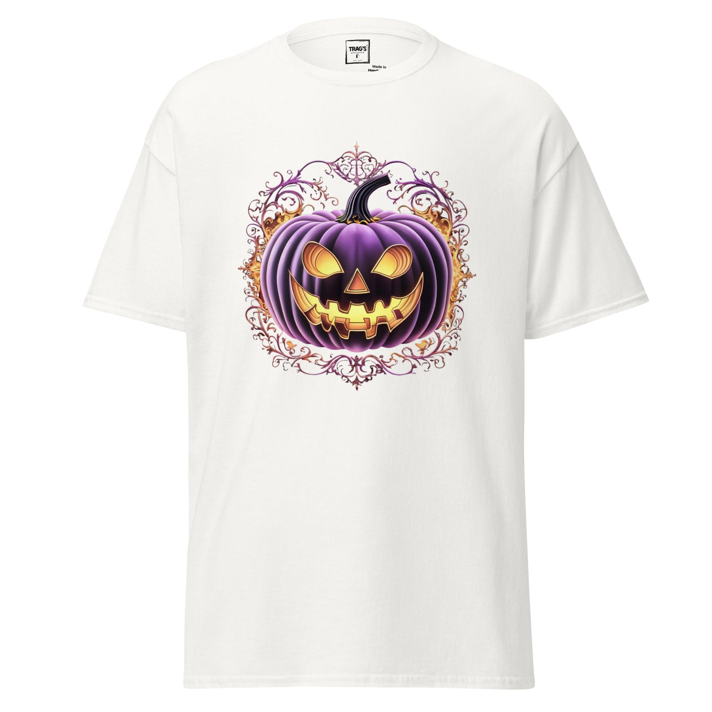 Halloween T-Shirt mit Motiv lila Kürbis mit Grinsen – Classic Standard