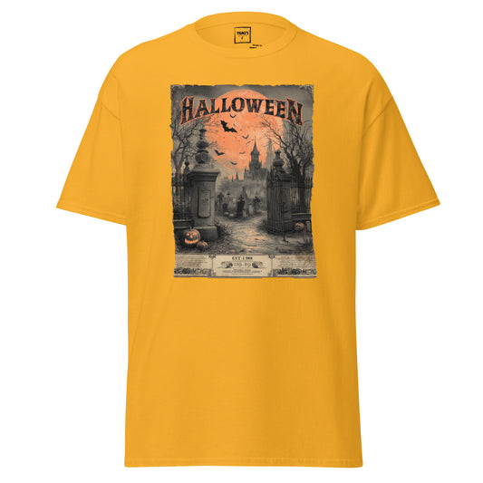Halloween T-Shirt mit Vintage Motiv Friedhofstor, Schloss und Kürbisse