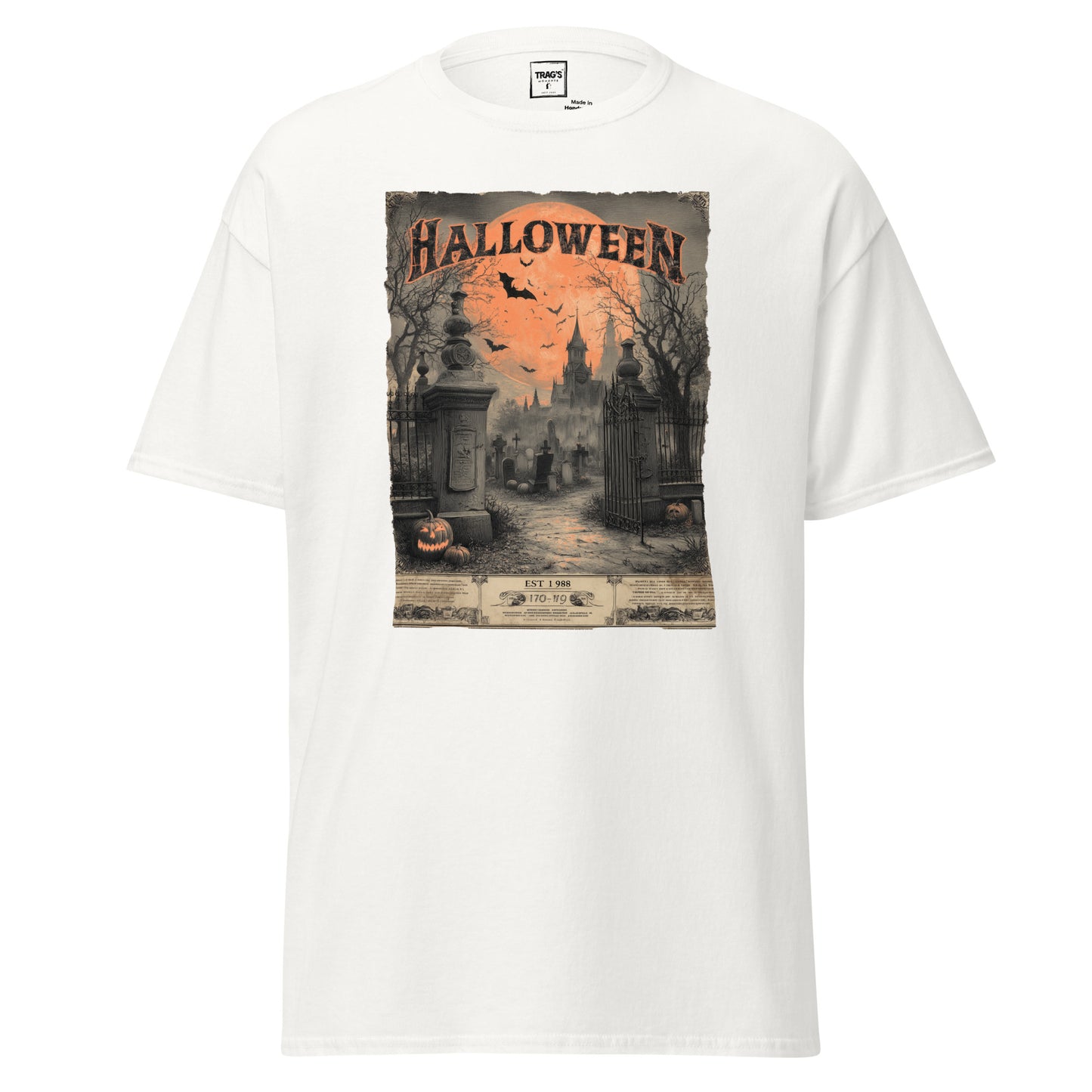 Halloween T-Shirt mit Vintage Motiv Friedhofstor, Schloss und Kürbisse