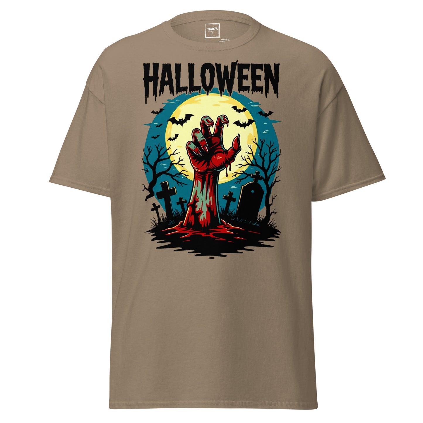 Halloween T-Shirt mit Motiv Zombiehand im Friedhof vor Vollmond – Classic Standard