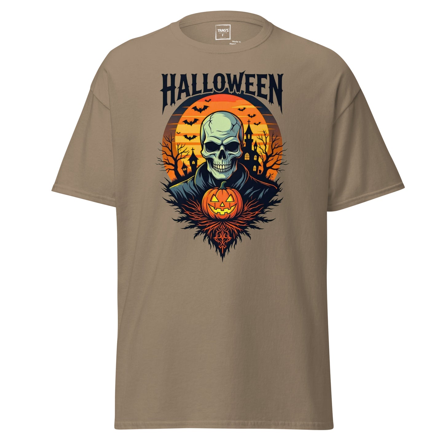 Halloween T-Shirt mit Motiv Skelett, Kürbis und Schloss – Classic Standard