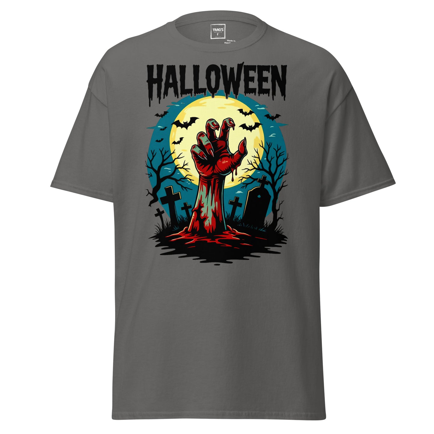 Halloween T-Shirt mit Motiv Zombiehand im Friedhof vor Vollmond – Classic Standard