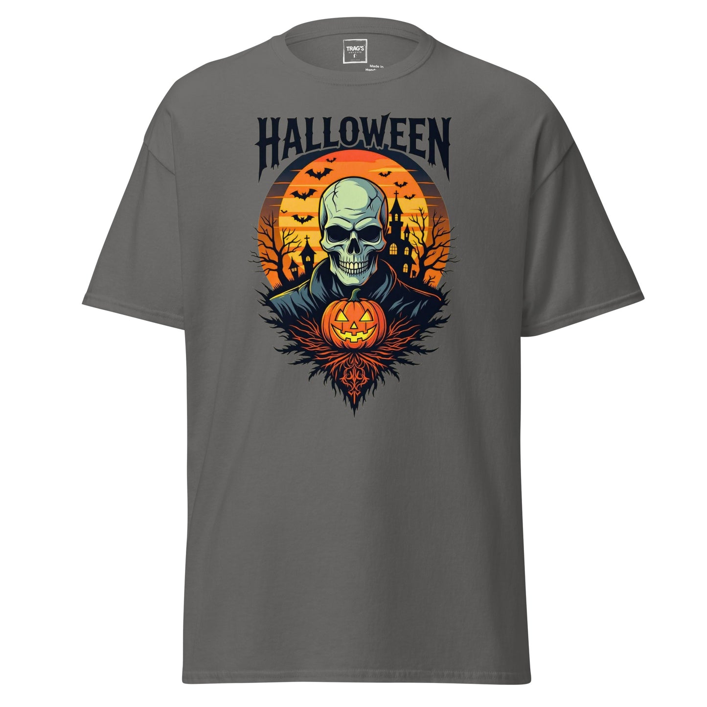 Halloween T-Shirt mit Motiv Skelett, Kürbis und Schloss – Classic Standard