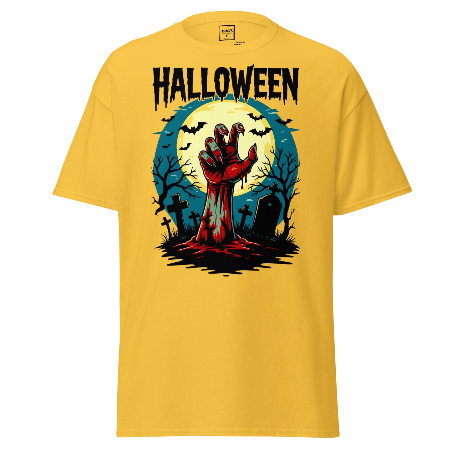 Halloween T-Shirt mit Motiv Zombiehand im Friedhof vor Vollmond – Classic Standard