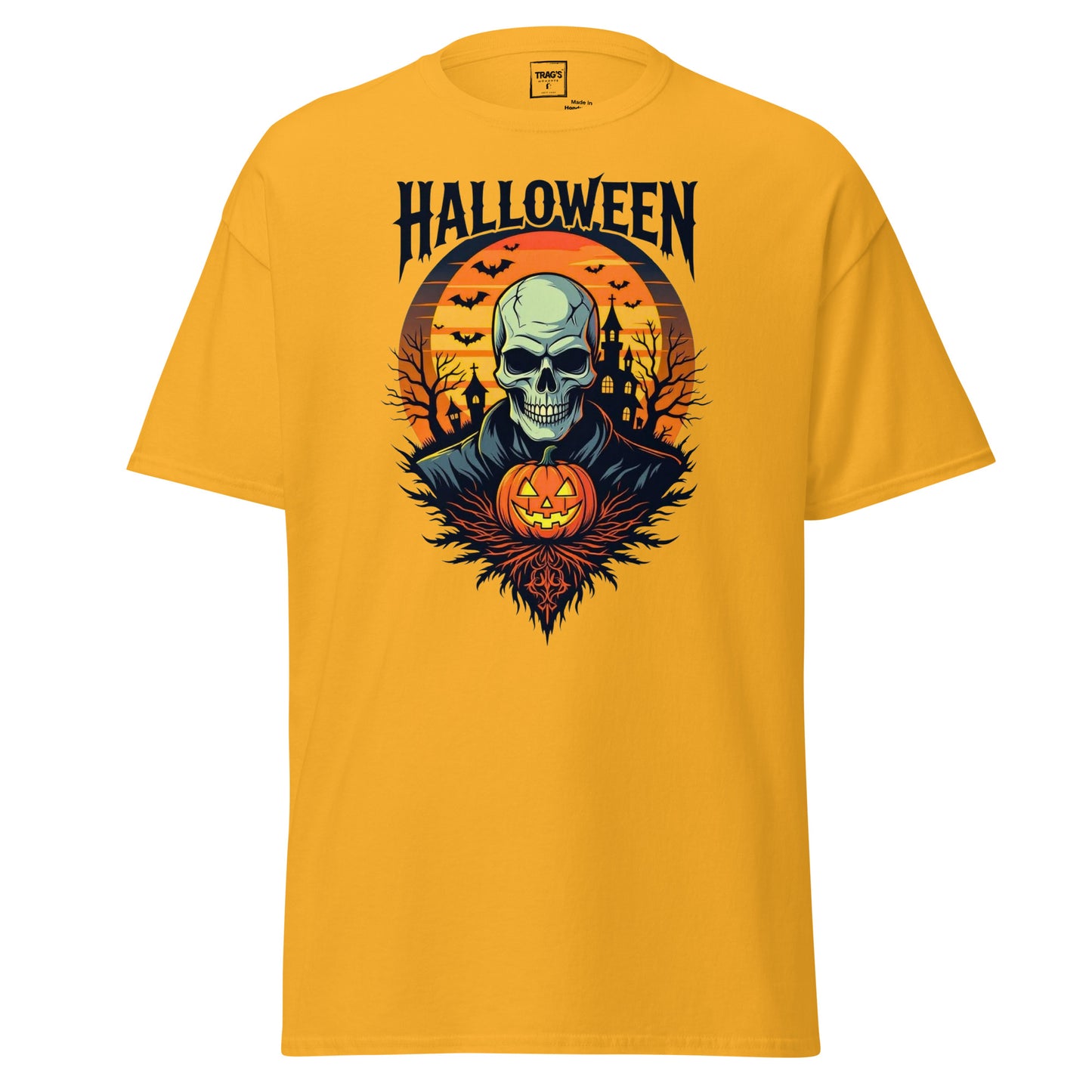 Halloween T-Shirt mit Motiv Skelett, Kürbis und Schloss – Classic Standard