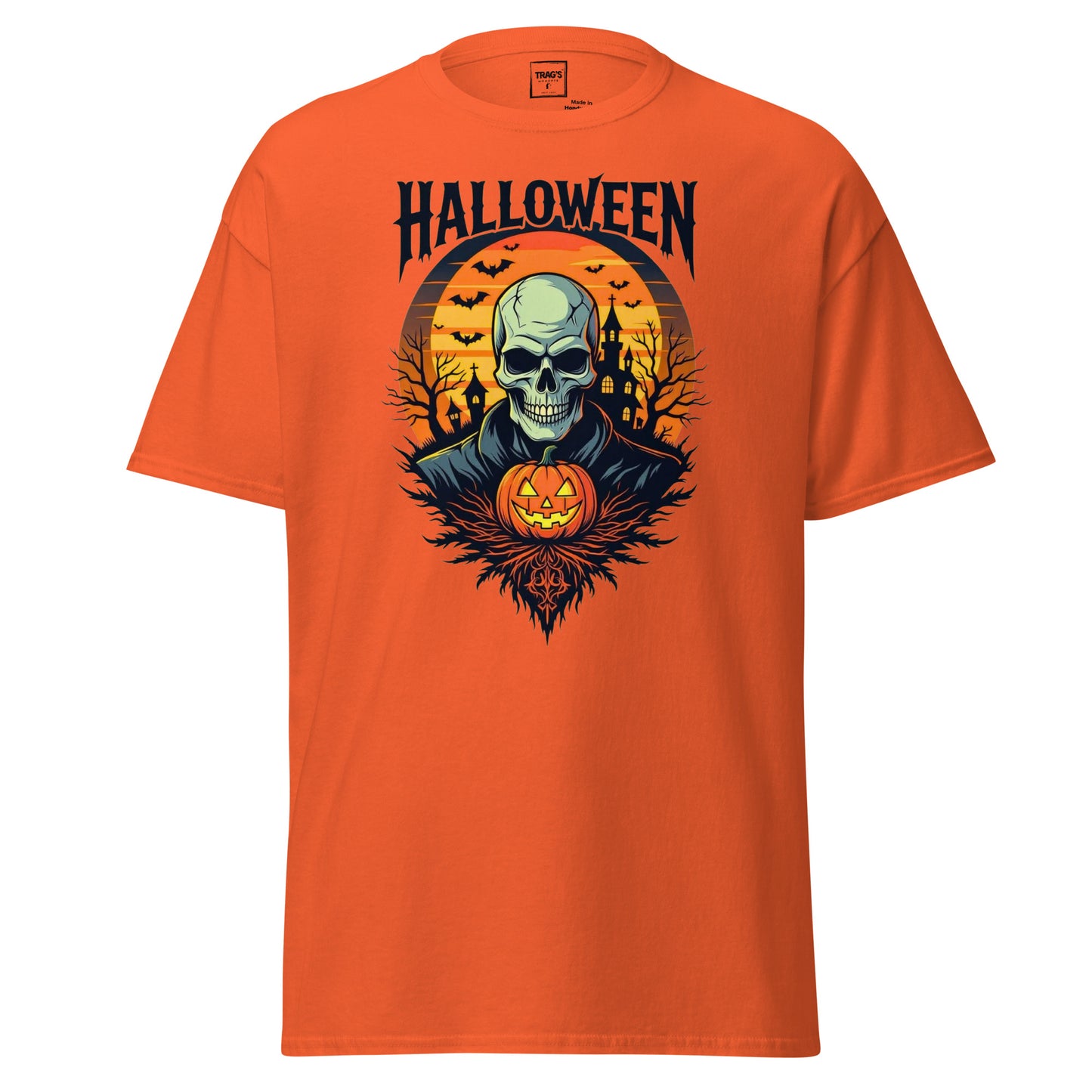 Halloween T-Shirt mit Motiv Skelett, Kürbis und Schloss – Classic Standard