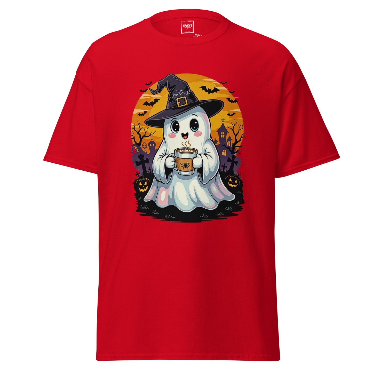Halloween T-Shirt mit Motiv süßer Geist mit Hexenhut und Kakaotasse – Classic Standard