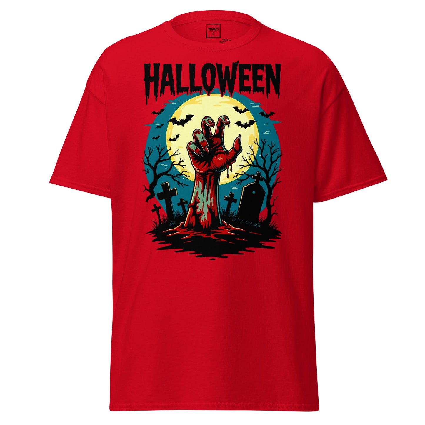 Halloween T-Shirt mit Motiv Zombiehand im Friedhof vor Vollmond – Classic Standard