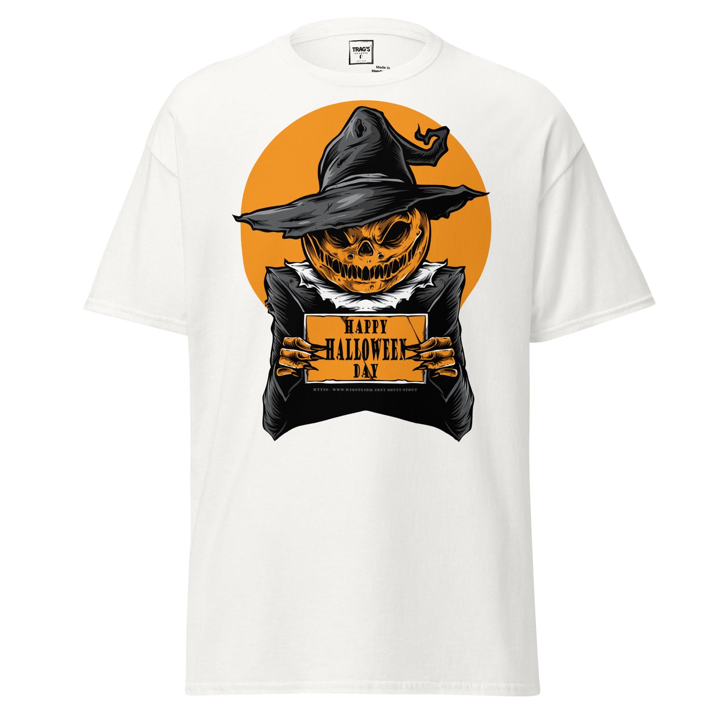 Classic Standard T-Shirt mit großem Halloween-Kürbis im Hexenhut und Aufschrift „Happy Halloween Day“