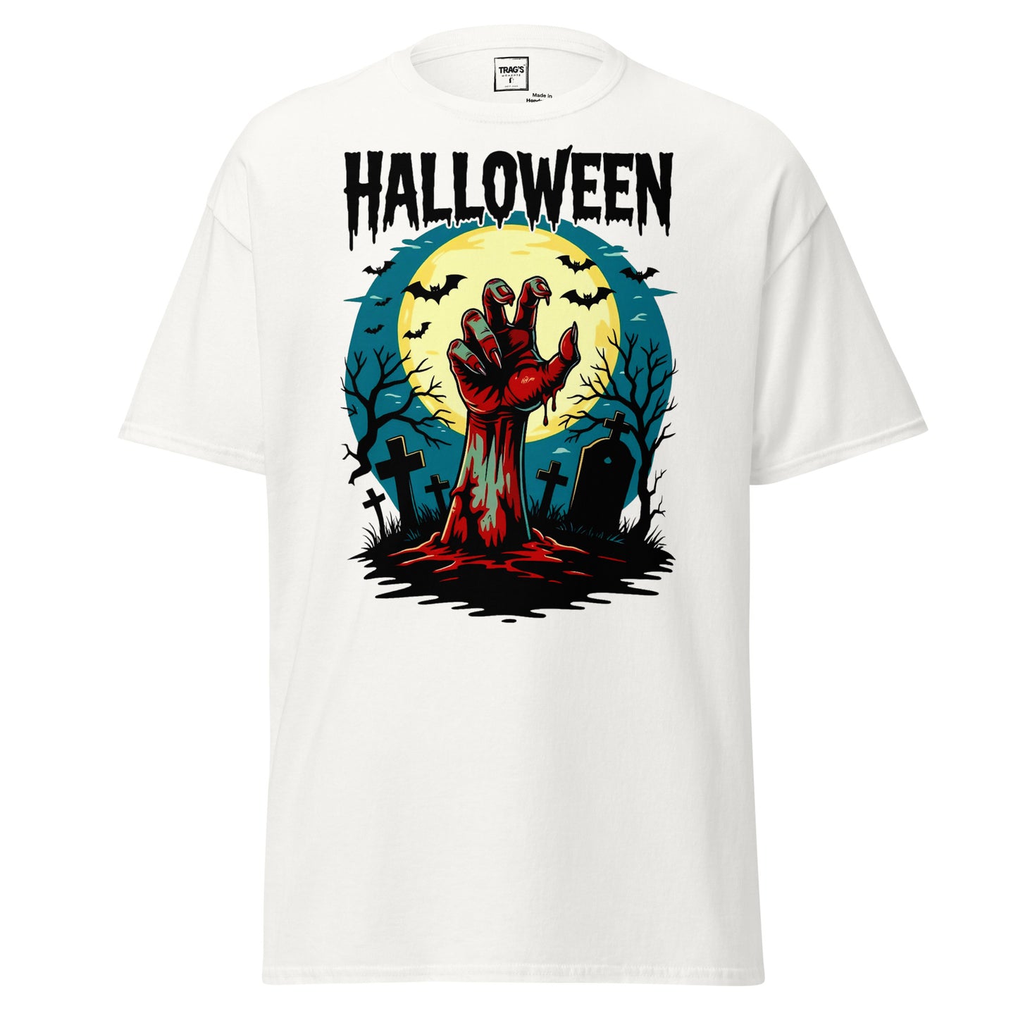 Halloween T-Shirt mit Motiv Zombiehand im Friedhof vor Vollmond – Classic Standard