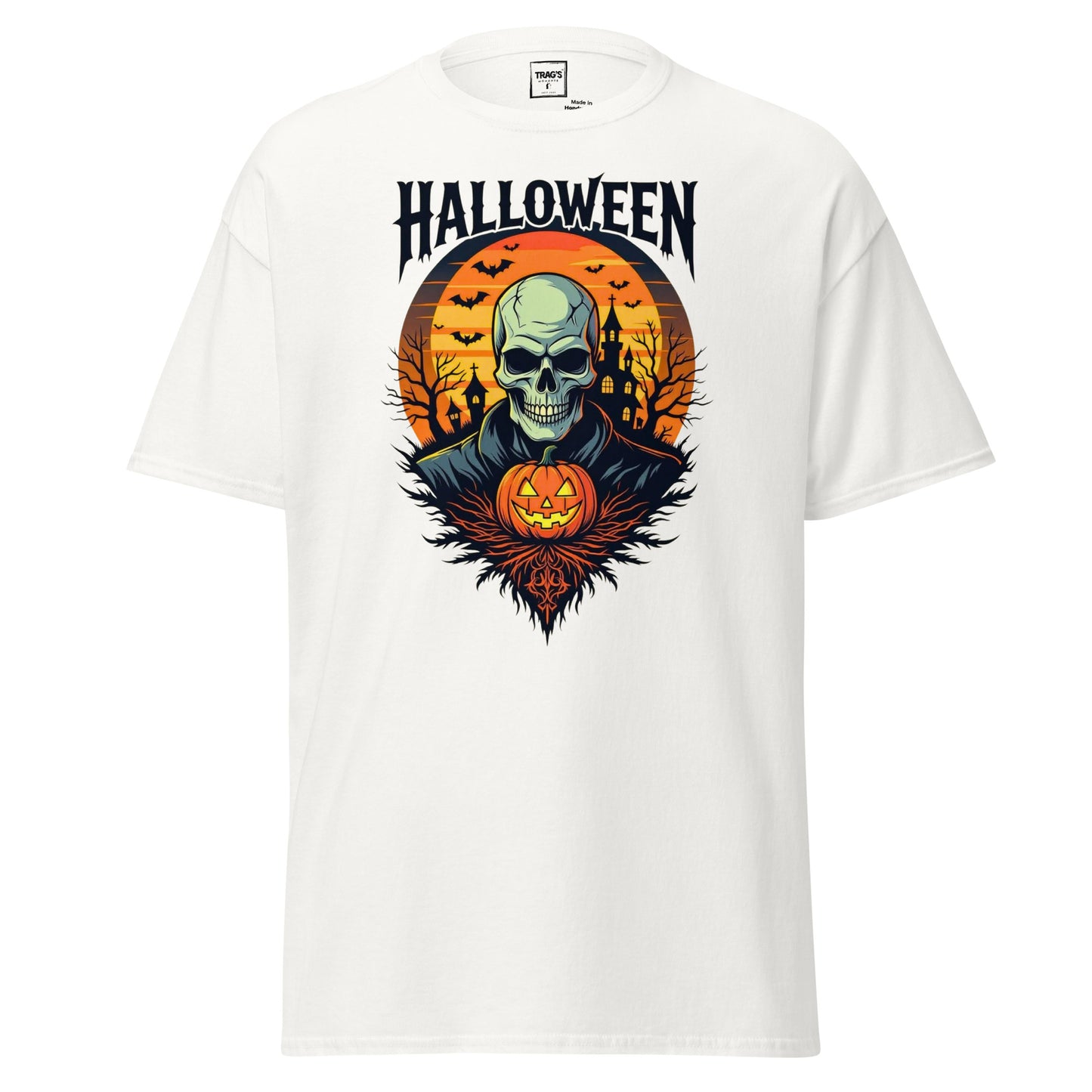 Halloween T-Shirt mit Motiv Skelett, Kürbis und Schloss – Classic Standard