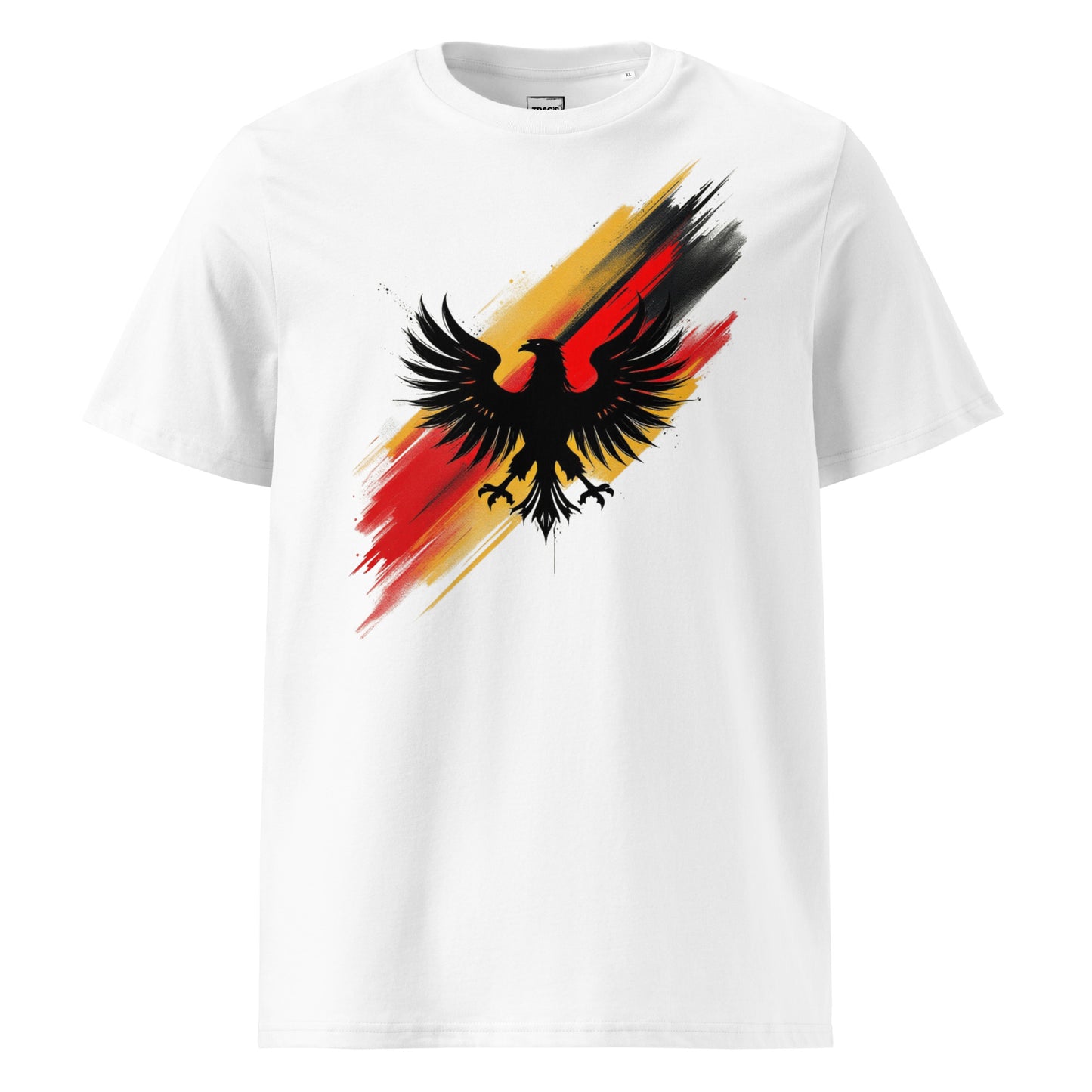 Weißes Premium Eco T-Shirt aus Bio-Baumwolle mit Deutschland-Flagge und schwarzem Adler-Motiv