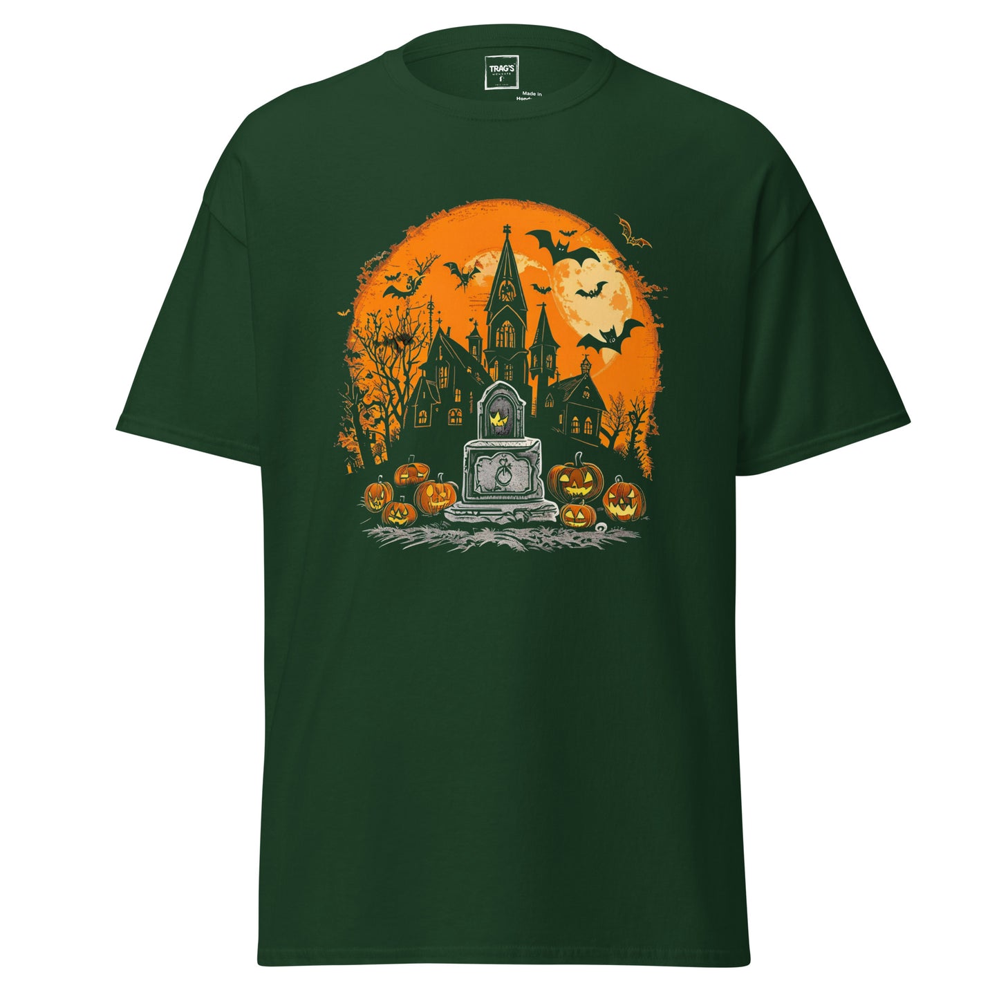 Halloween T-Shirt mit Motiv Geisterhaus, Grabstein, Kürbisse und Vollmond
