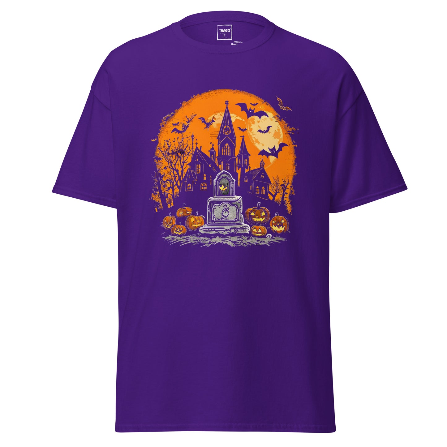 Halloween T-Shirt mit Motiv Geisterhaus, Grabstein, Kürbisse und Vollmond