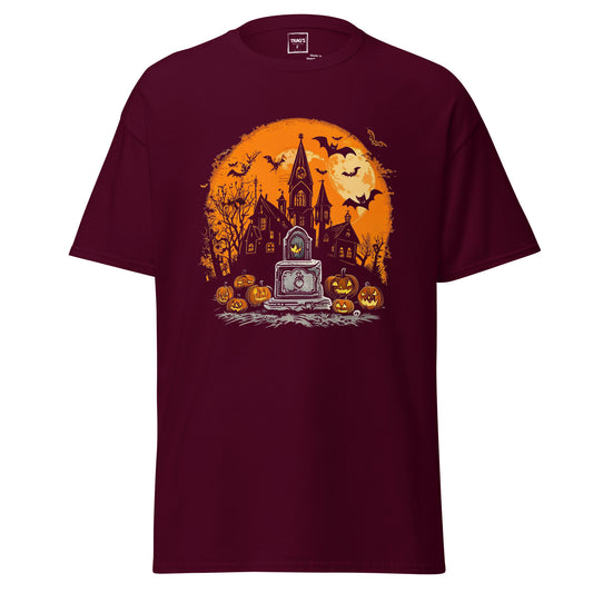 Halloween T-Shirt mit Motiv Geisterhaus, Grabstein, Kürbisse und Vollmond