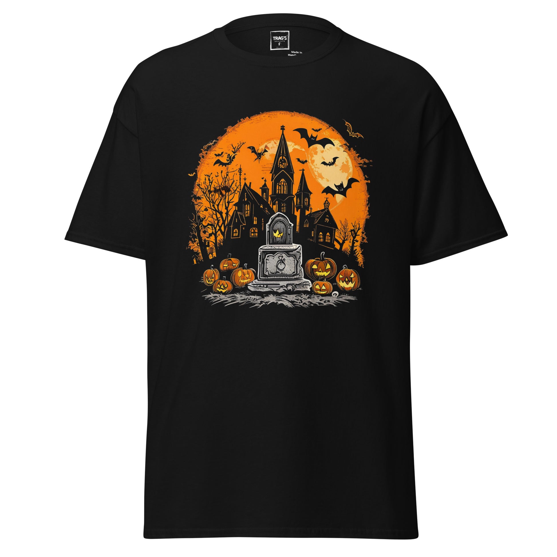 Halloween T-Shirt mit Motiv Geisterhaus, Grabstein, Kürbisse und Vollmond