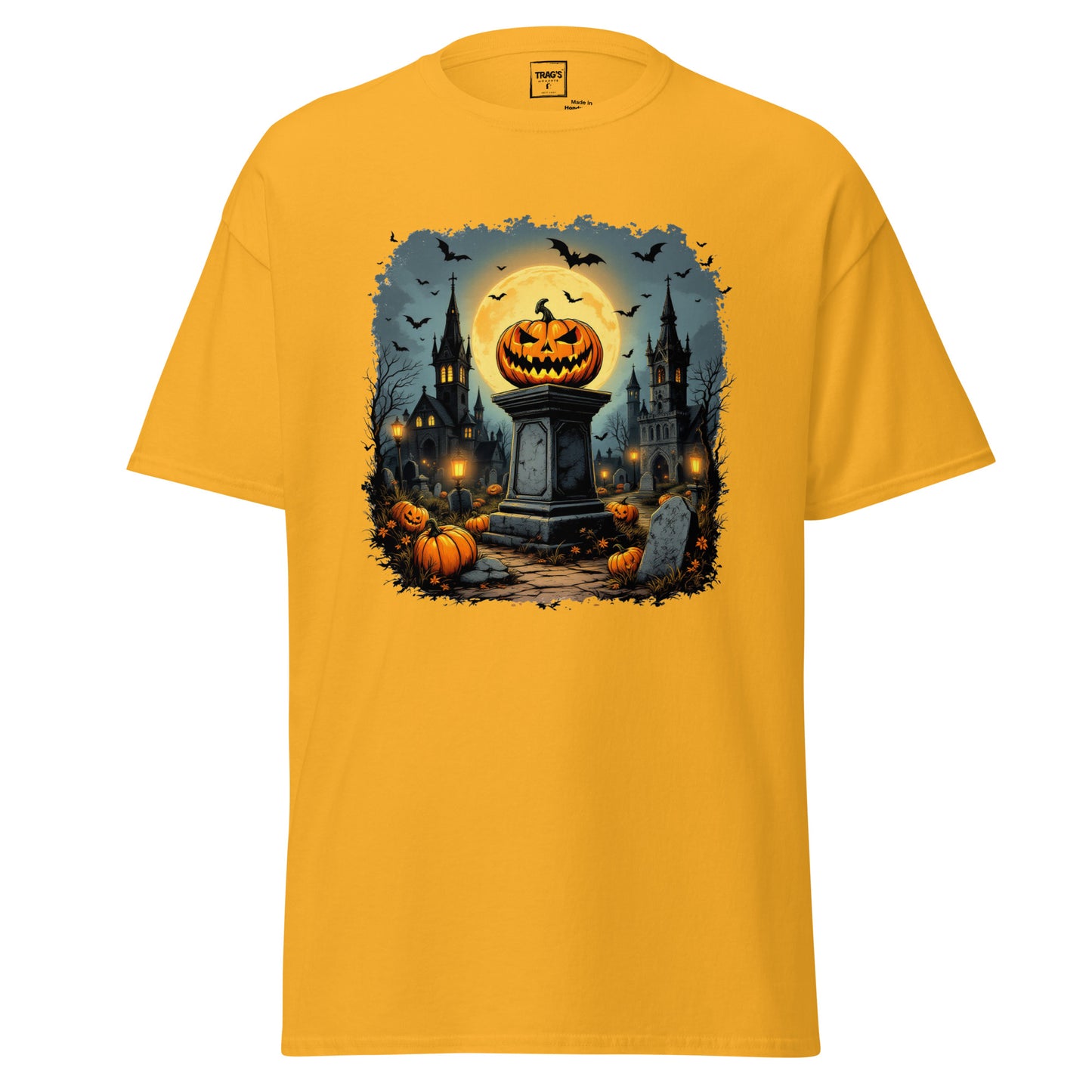 Halloween T-Shirt mit Motiv Kürbis-Altar, Schlosskulisse und Fledermäusen