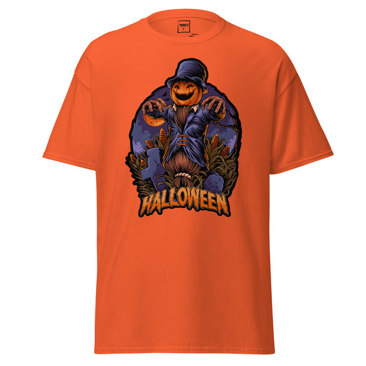 Halloween T-Shirt mit Motiv Kürbiskopf-Scarecrow und Aufschrift Halloween – Classic Standard
