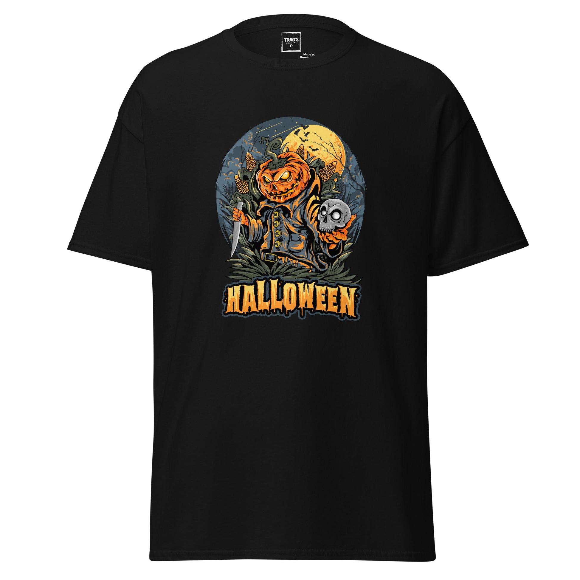 Halloween T-Shirt mit Motiv Kürbiskopf, Messer und Schädel – Classic Standard
