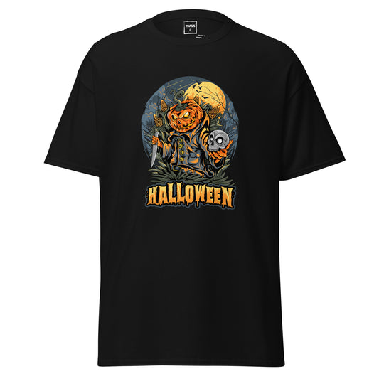 Halloween T-Shirt mit Motiv Kürbiskopf, Messer und Schädel – Classic Standard
