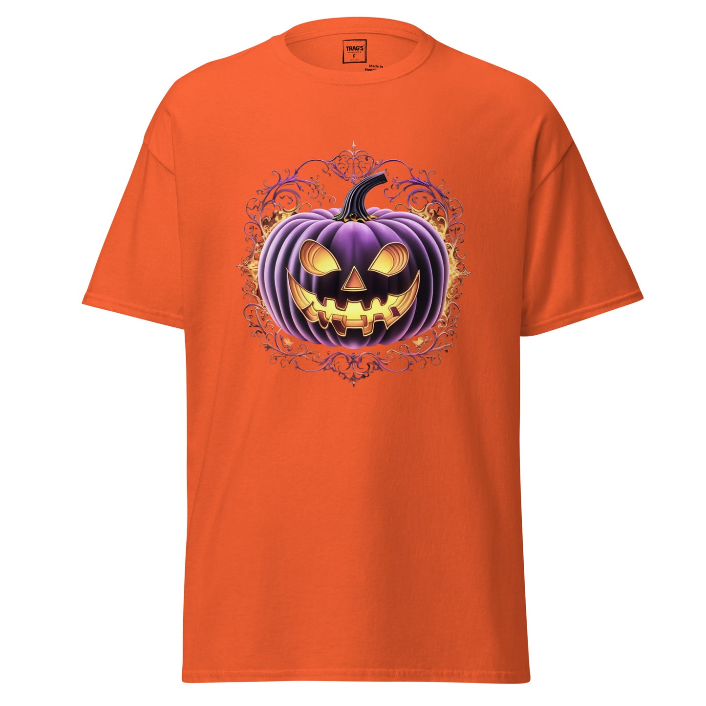 Halloween T-Shirt mit Motiv lila Kürbis mit Grinsen – Classic Standard
