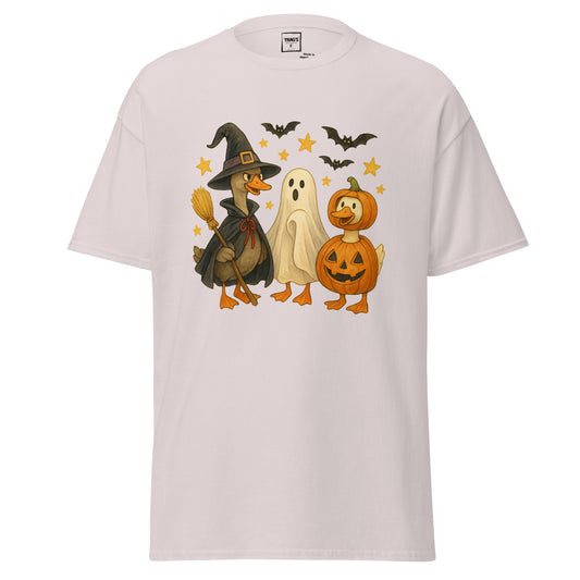 Halloween T-Shirt mit drei Gänsen in Verkleidungen als Hexe, Geist und Kürbis
