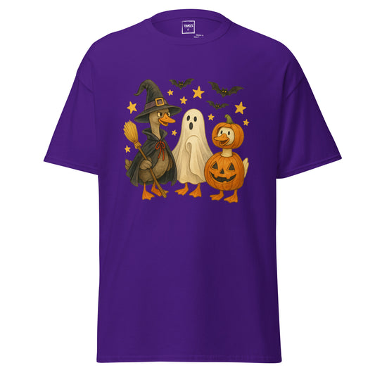 Halloween T-Shirt mit drei Gänsen in Verkleidungen als Hexe, Geist und Kürbis