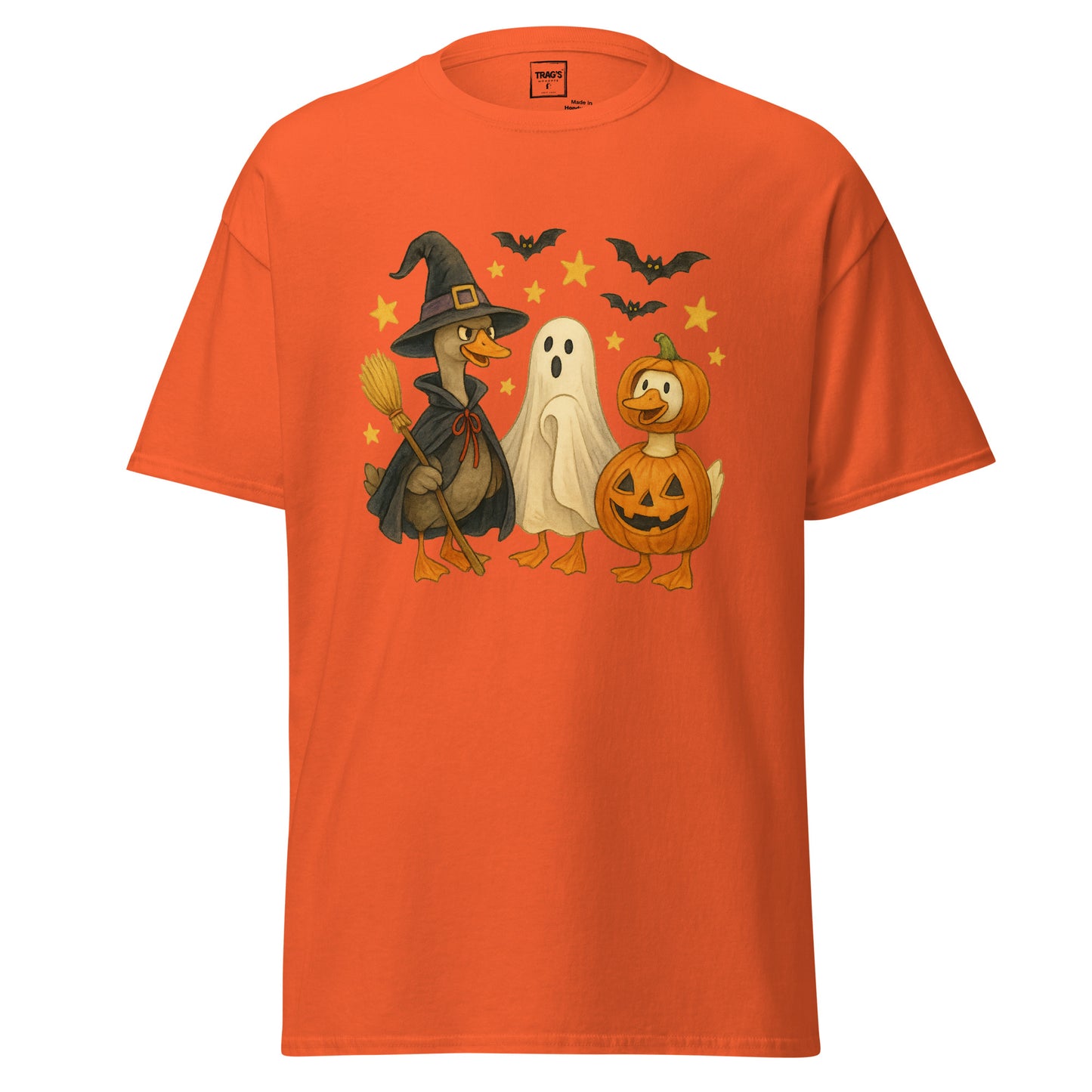 Halloween T-Shirt mit drei Gänsen in Verkleidungen als Hexe, Geist und Kürbis