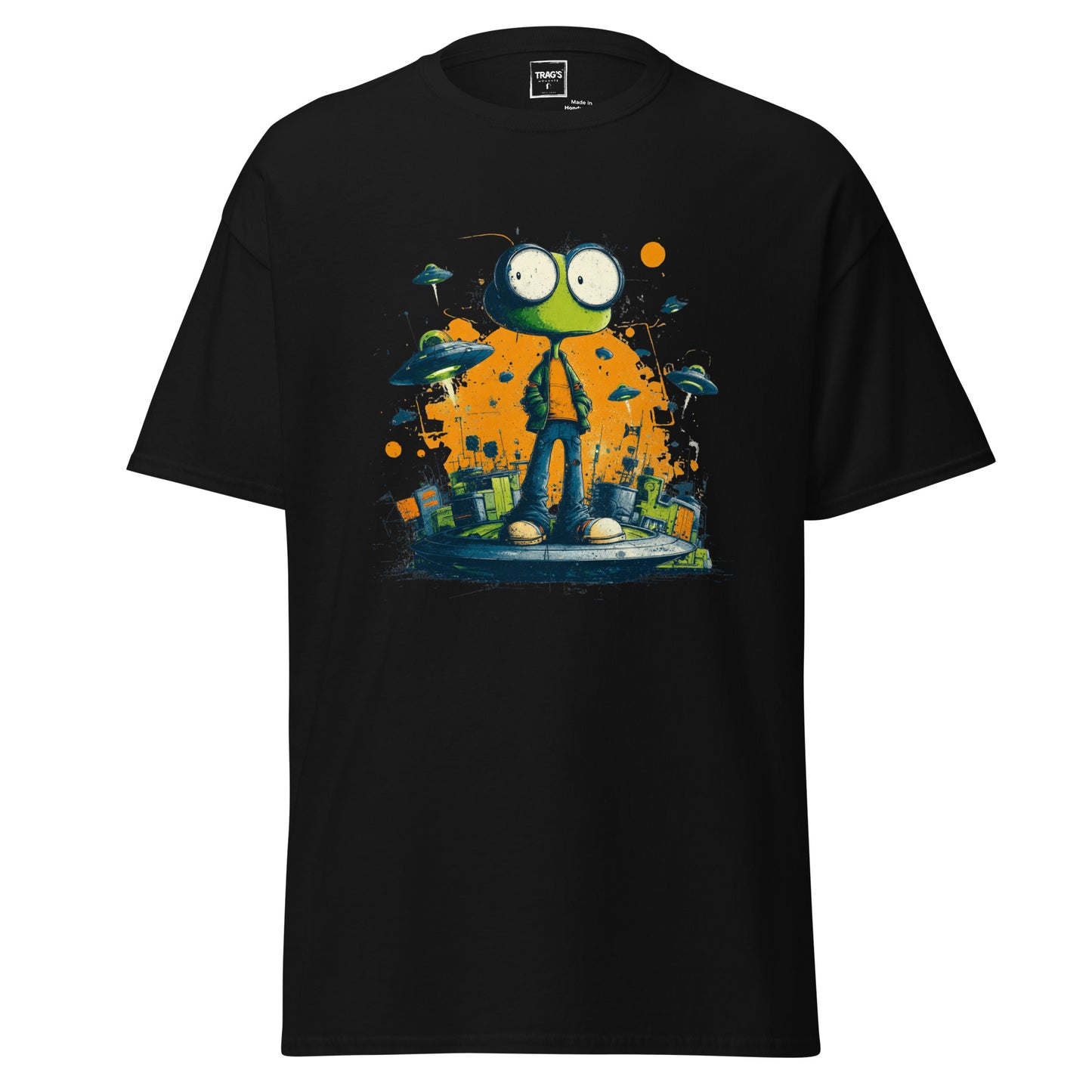 Urban Style Alien T-Shirt mit Cartoon Alien, UFOs und Stadtkulisse