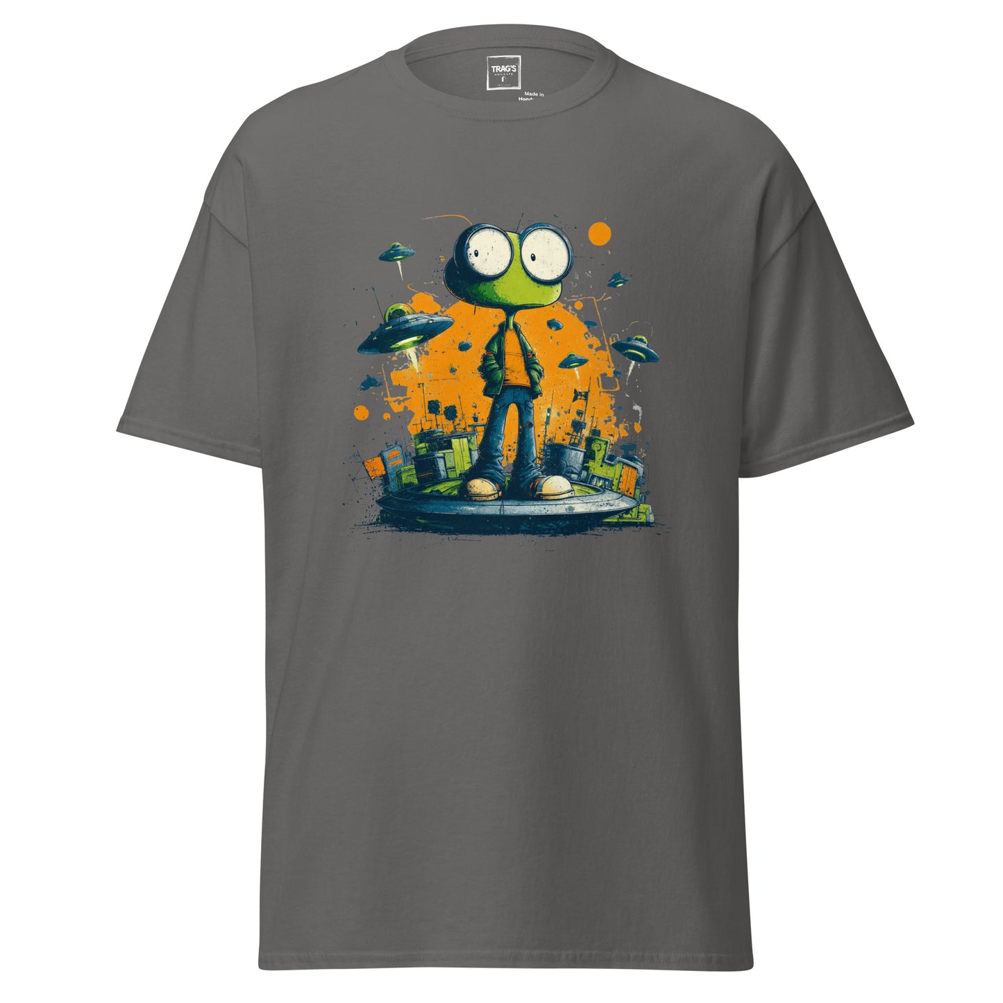 Urban Style Alien T-Shirt mit Cartoon Alien, UFOs und Stadtkulisse