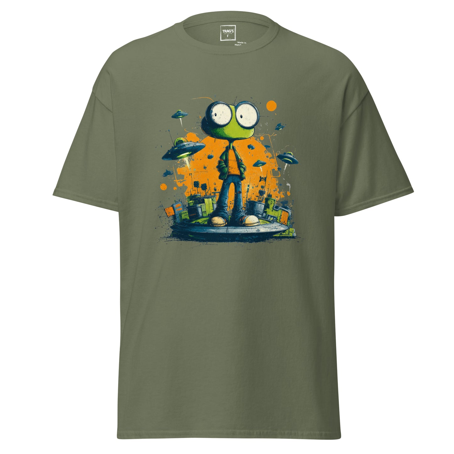 Urban Style Alien T-Shirt mit Cartoon Alien, UFOs und Stadtkulisse