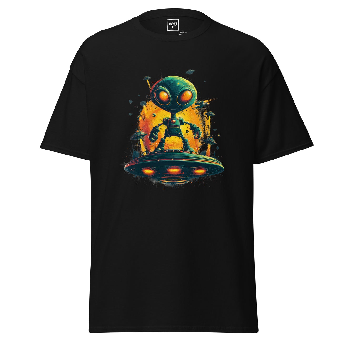 Urban Style Alien T-Shirt mit Motiv Alien auf UFO-Plattform im Neon-Look
