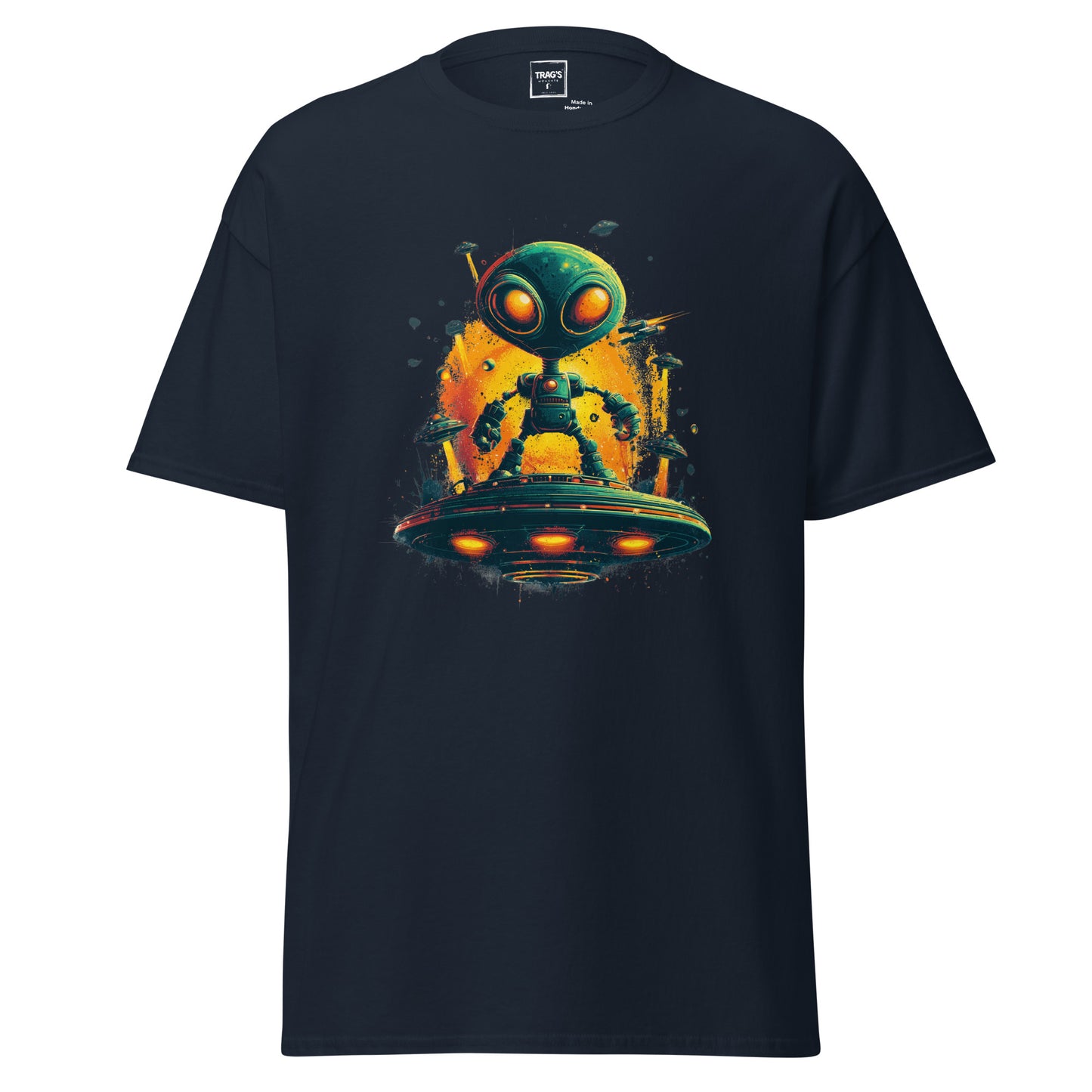 Urban Style Alien T-Shirt mit Motiv Alien auf UFO-Plattform im Neon-Look