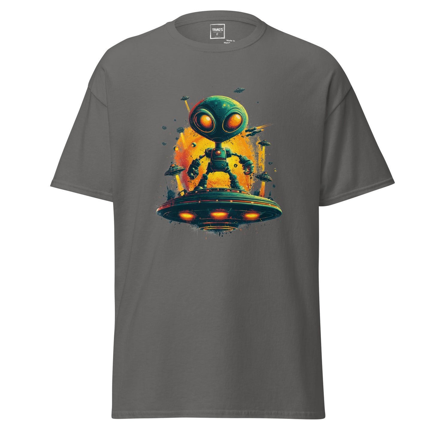 Urban Style Alien T-Shirt mit Motiv Alien auf UFO-Plattform im Neon-Look