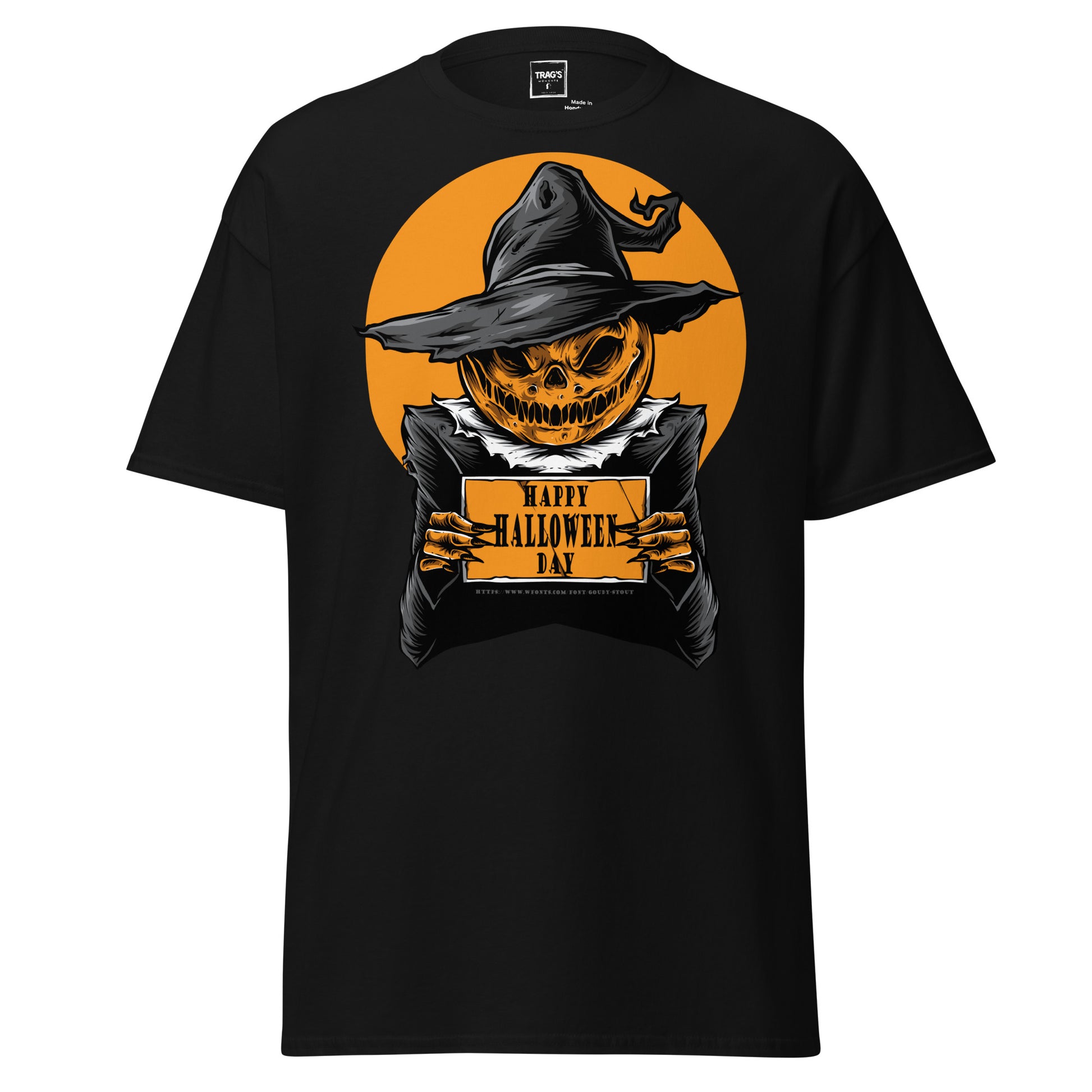Classic Standard T-Shirt mit großem Halloween-Kürbis im Hexenhut und Aufschrift „Happy Halloween Day“
