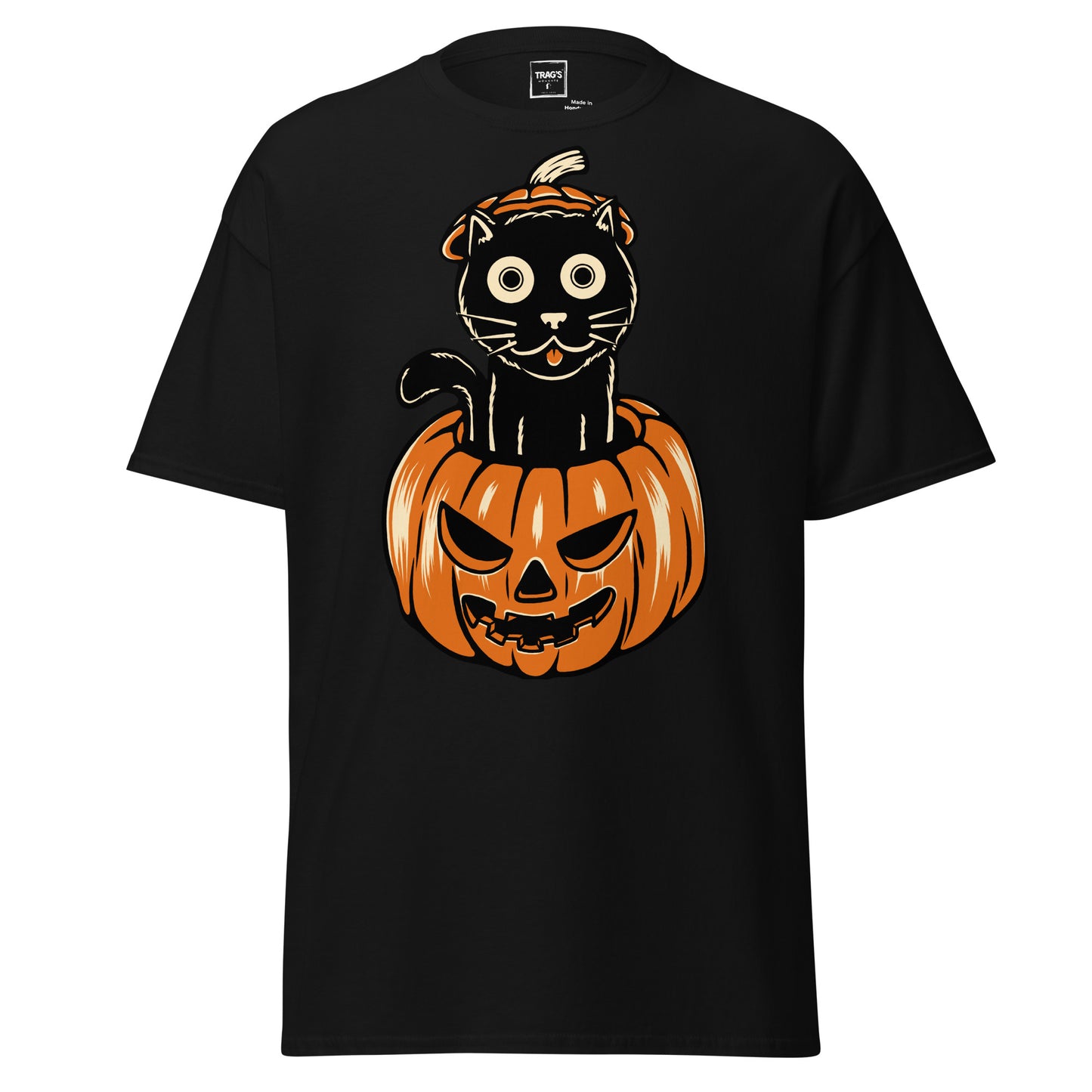 Halloween T-Shirt mit Motiv schwarze Katze im Kürbis – Classic Standard
