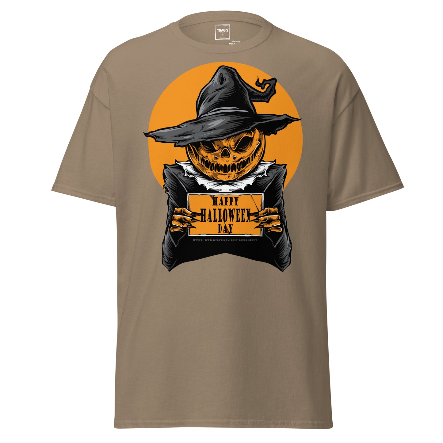 Classic Standard T-Shirt mit großem Halloween-Kürbis im Hexenhut und Aufschrift „Happy Halloween Day“