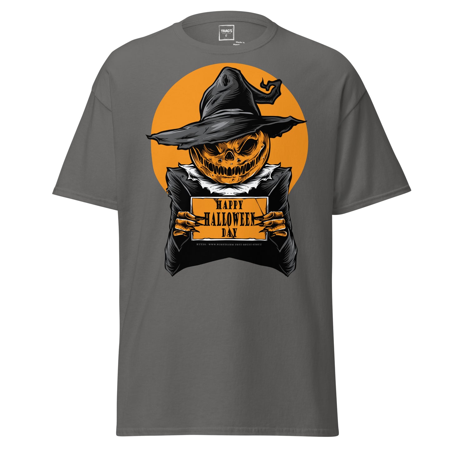 Classic Standard T-Shirt mit großem Halloween-Kürbis im Hexenhut und Aufschrift „Happy Halloween Day“