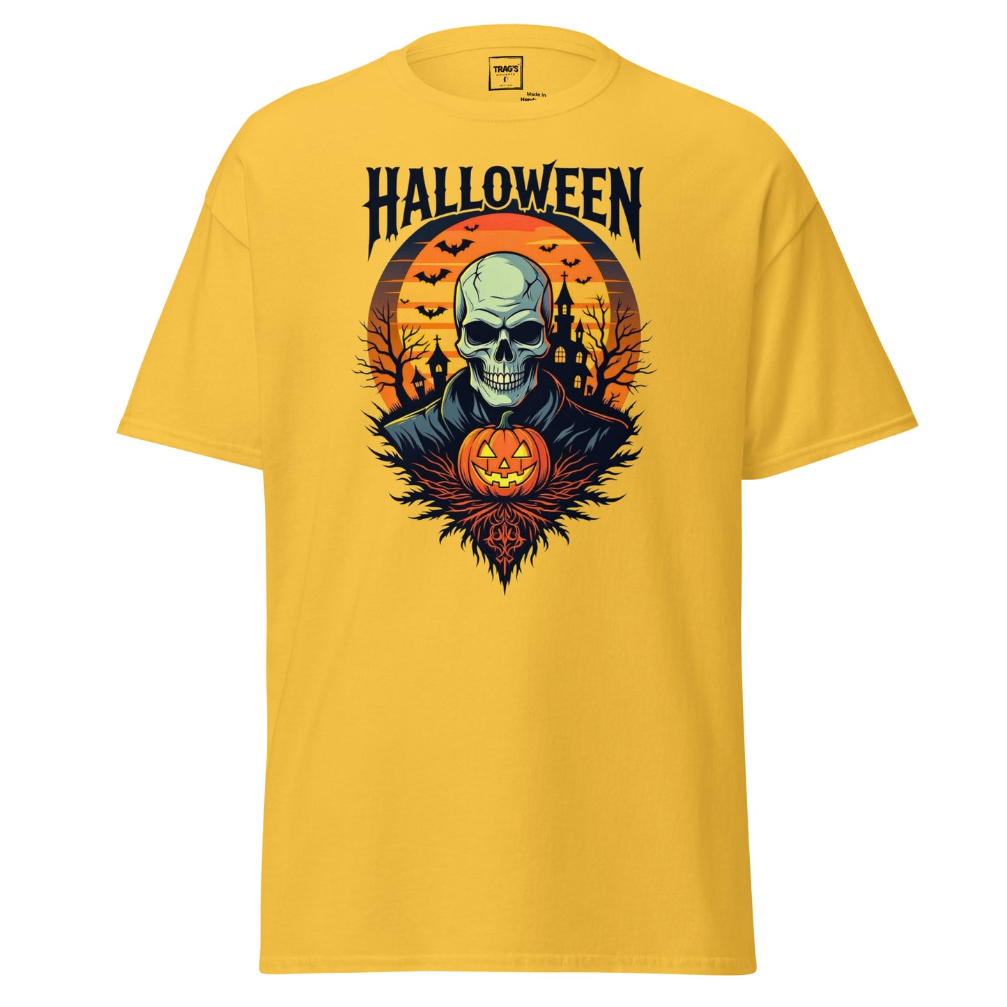 Halloween T-Shirt mit Motiv Skelett, Kürbis und Schloss – Classic Standard