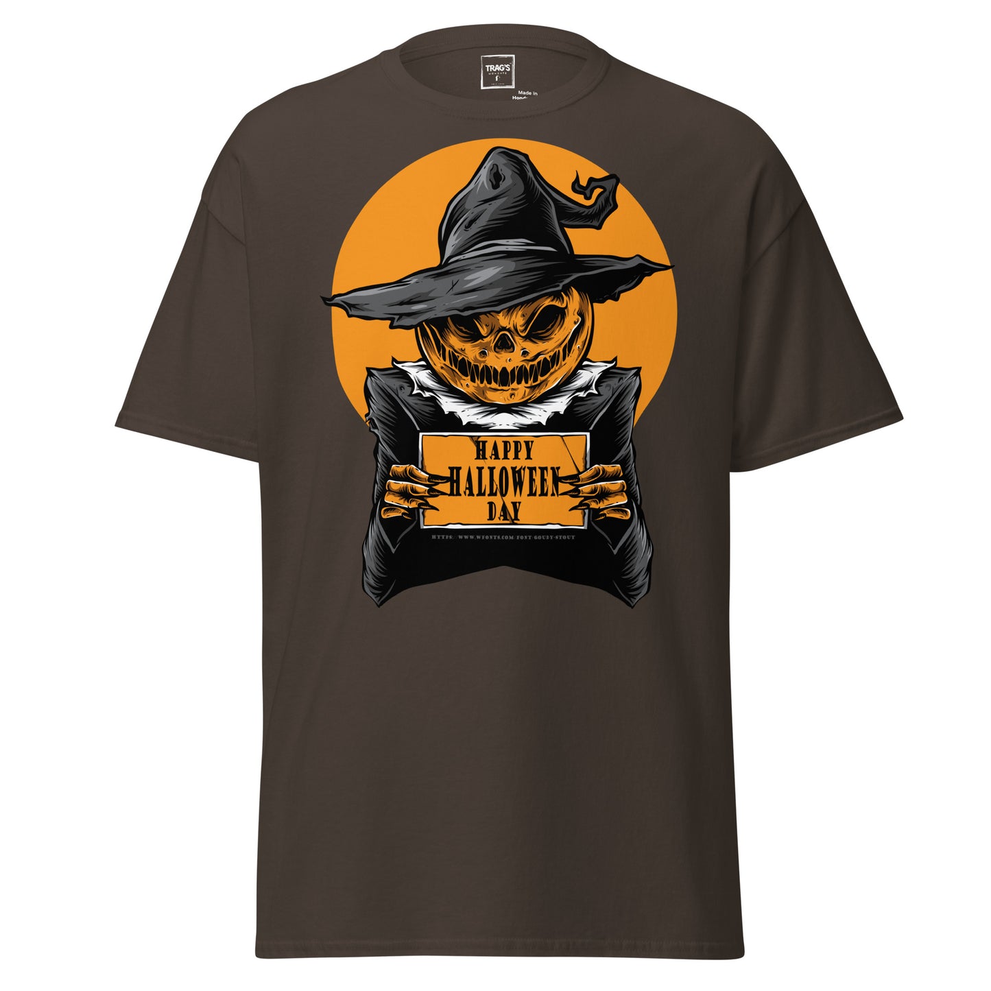 Classic Standard T-Shirt mit großem Halloween-Kürbis im Hexenhut und Aufschrift „Happy Halloween Day“