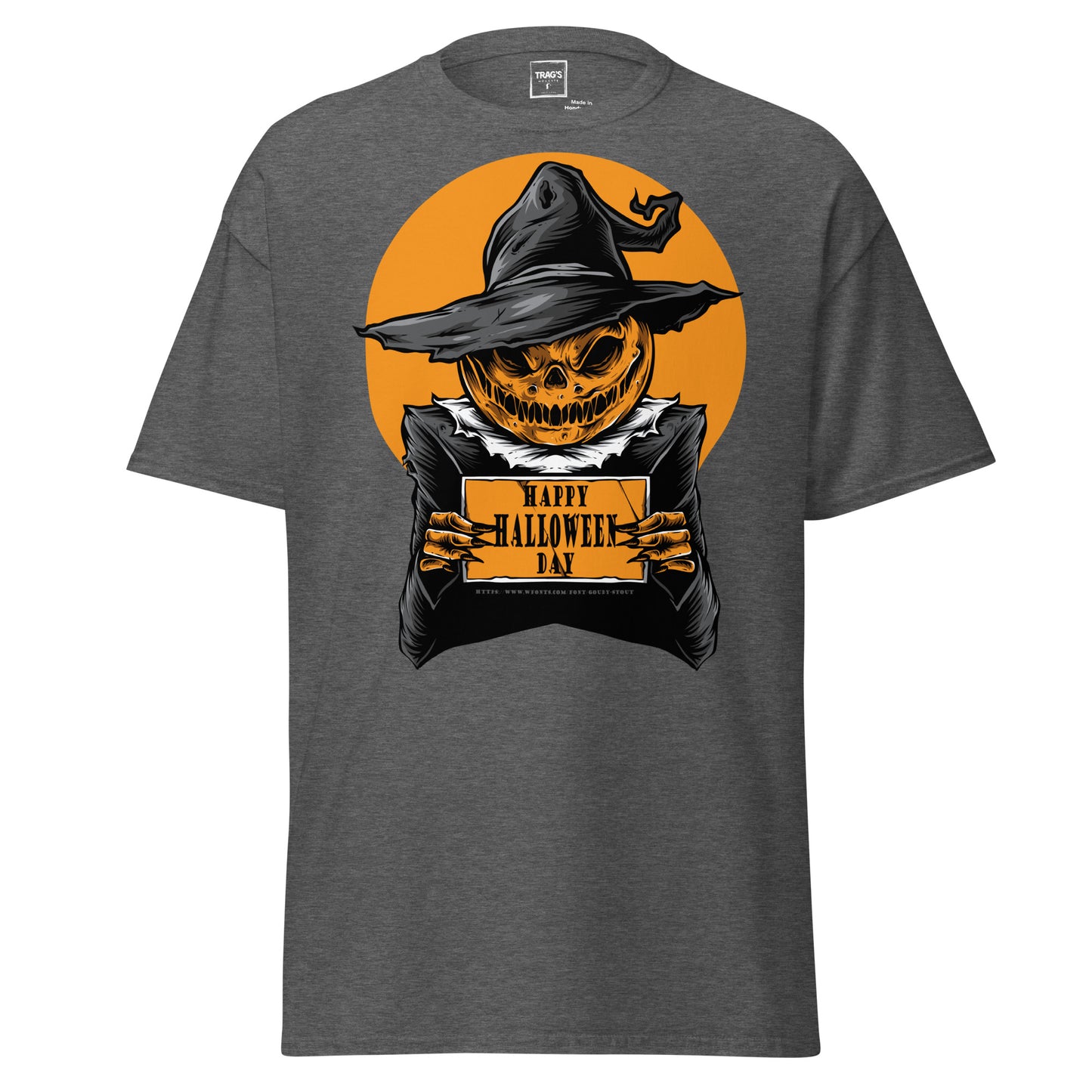 Classic Standard T-Shirt mit großem Halloween-Kürbis im Hexenhut und Aufschrift „Happy Halloween Day“