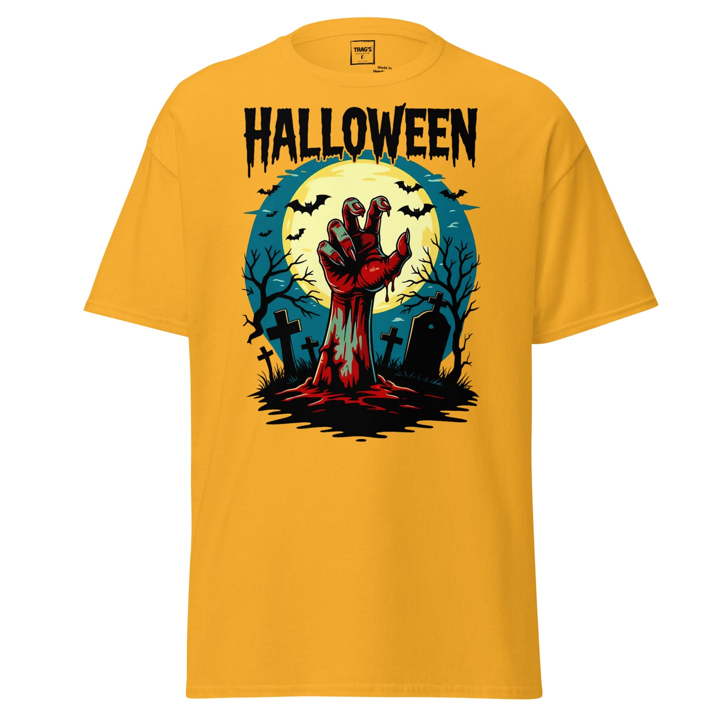 Halloween T-Shirt mit Motiv Zombiehand im Friedhof vor Vollmond – Classic Standard