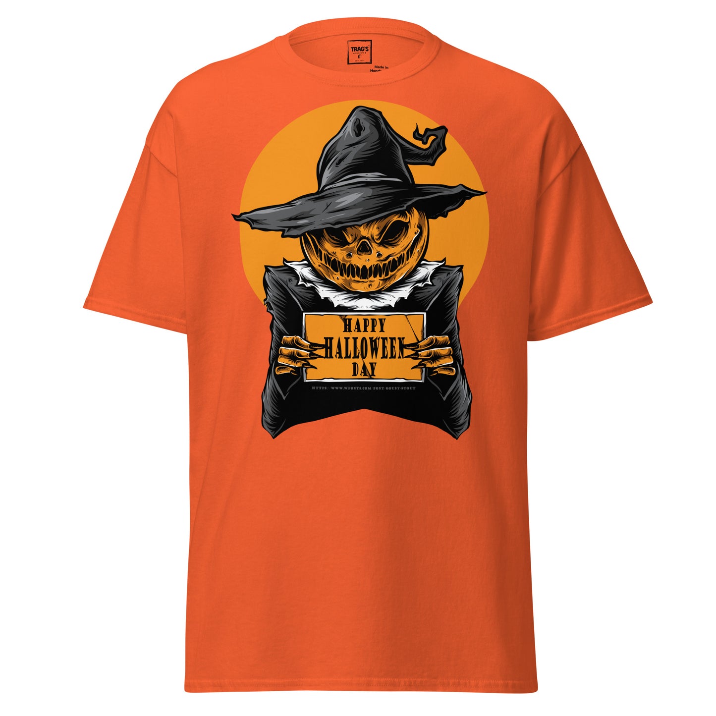 Classic Standard T-Shirt mit großem Halloween-Kürbis im Hexenhut und Aufschrift „Happy Halloween Day“