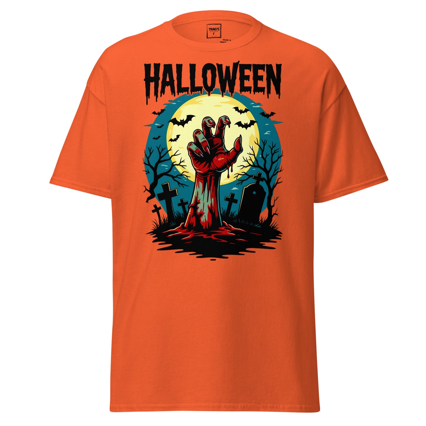 Halloween T-Shirt mit Motiv Zombiehand im Friedhof vor Vollmond – Classic Standard
